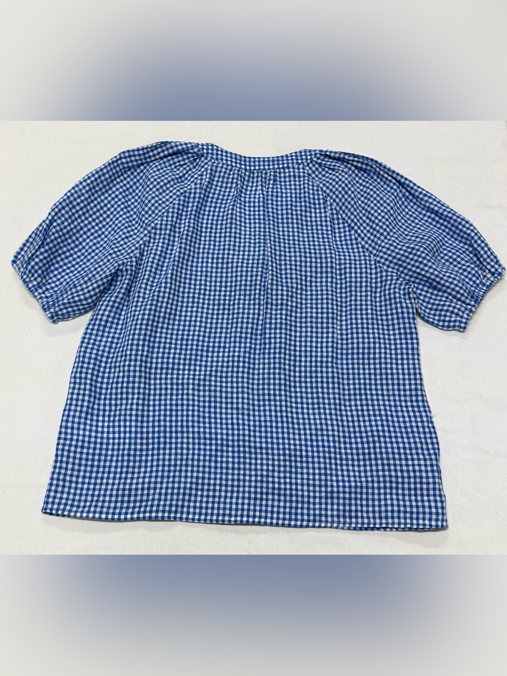 Boden 100% Linen Blue & White Gingham Puff-Sleeve Split-Neck Blouse - Picture 6 of 8